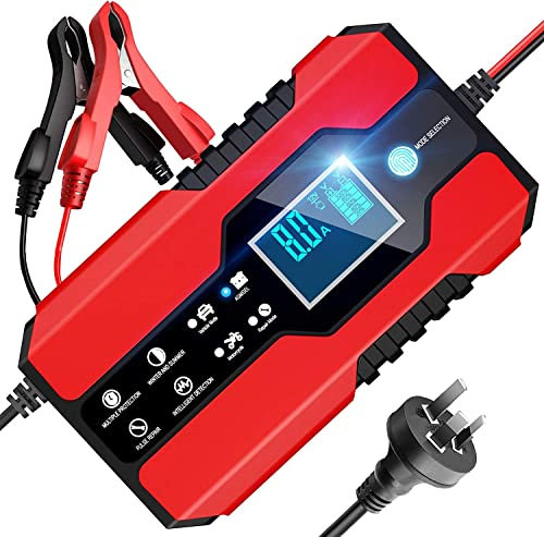 BURNNOVE Chargeur de Batterie Auto Intelligent 8A 12V/24V Batterie Mainteneur Portable avec Automatique Réparation Fonction Multi Protections Affichage LED pour Voiture Moto ou Bateaux etc. (Rouge)