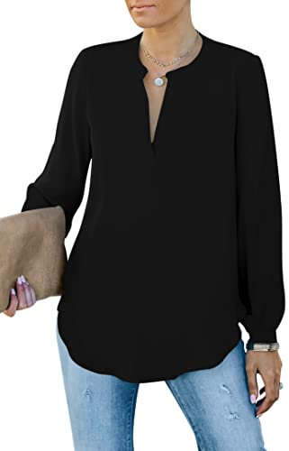 Homlan Damen Bluse Elegant V Ausschnitt Langarm Arbeit Oberteile Casual Tunika Henley Langarmshirt Einfarbig Lose Hemdbluse (8229Large, Schwarz)