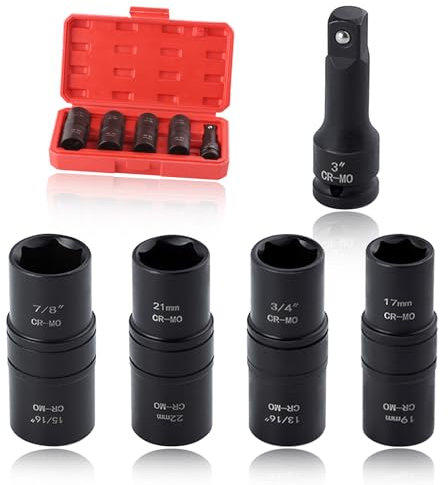 SPEEDWOX 5Pcs Double Side Lug Nut Socket Set Twist Socket Set 1/2 Inch Impact Lug Nut Flip Socket Set Impact Flip Socket Set Metric Socket Set 7/8 Socket 15/16 Socket 13/16 Deep Socket 22mm Socket