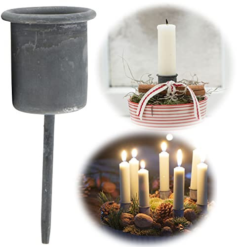 LS-LebenStil 1-Fach Adventskerzenhalter Shabby Grau White 8cm Metall Stabkerzen-Halter Spieß Kerzenständer Kerzenleuchter Kerzenstecker Kerzenhalter Kerzenpicker Picker für Stabkerzen Adventskranz