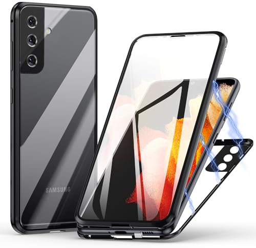 Hülle für Samsung Galaxy S24, Magnetische Adsorption Handyhülle 360 Grad Schutz Aluminiumrahmen mit Gehärtetes Glas, Starke Magneten Stoßfest Metall Flip Case Cover - schwarz