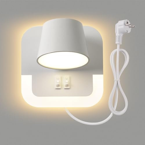AWEKLIY LED Applique da parete, lampada da lettura a parete 3000K Temperatura colore regolabile Lampada da letto con interruttore, Con spina, Lampade da comodino per hotel in camera da letto, Bianco