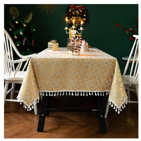Lieson Rechteckige Tischdecke 140x260 cm, Baumwolle Leinen Tischwäsche Abwaschbar Weihnachten Schneeflocke und Hirsch mit Quasten Tischtuch für Outdoor Party Küche, Gold