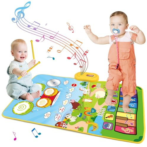 Tappeto Musicale 2 in 1 con Pianoforte e Tamburo Giochi Bambini 1 2 3 4 5 Anni, Sensoriali Giocattolo Educativi Tappeto Gioco con 8 Animali, Regalo Natale Compleanno Bimbo Bambina 1 Anno
