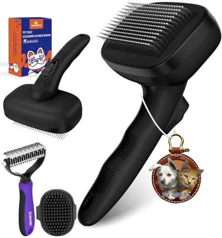 YOYUPETA Dog Brush Kit - Self-Cleaning Slicker Brush with Bath Tool & Undercoat Rake | Deshedding Tools for Large - Small Dogs & Cats, Professional 3-in-1 Pet Grooming Set for Heavy Shedding,Black