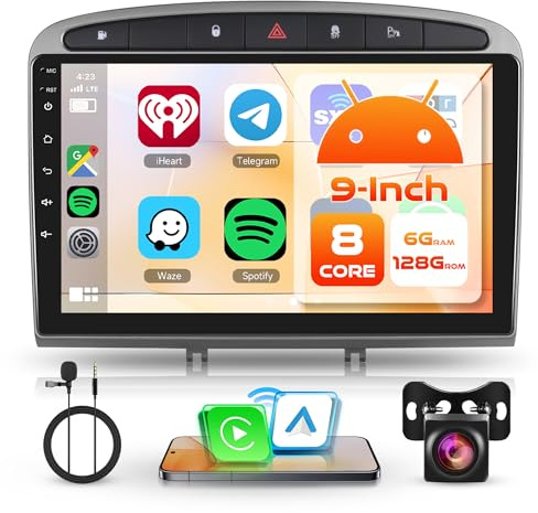 6G+128G 8 Cœurs Rimoody Autoradio pour Peugeot 308 408 2007-2015 9'' écran Tactile Android Stereo Auto avec Carplay Android Auto sans Fil Mirror Link Bluetooth FM/RDS/EQ/DSP WiFi GPS SWC Caméra Recul