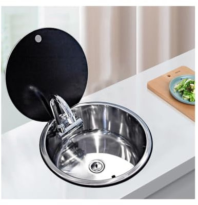 NJDQFA Fregadero Camper Round,Acero Inoxidable Kit De Fregadero para Autocaravana Caravanas Bares Cafés,Lavabo De Mano con Grifo Plegables Y Tapa 34 * 34 * 15Cm