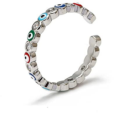 Dainty Cubic Zirconia Colorful Turkish Evil Eye Band Rings for Women Girls Minimalist Stacking Finger Open Fashion Protection Wedding Promise Girlfriend Friendship Birthday Gifts