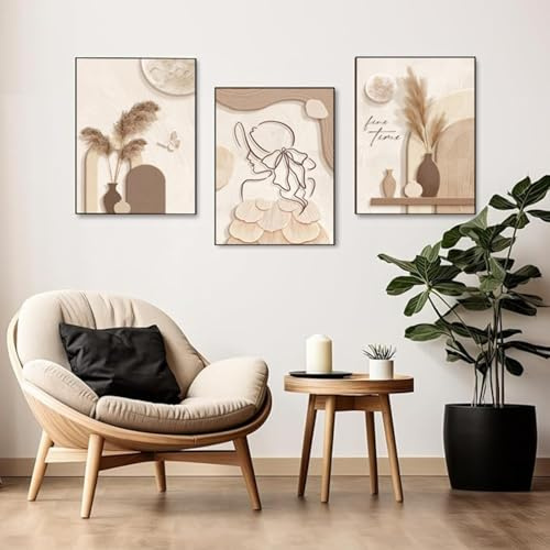 Xiyocadt 3-teiliges Poster Set Moderne Poster Set, Beige Pastell Bilder,mit Pampasgras, Blüte, für Schlafzimmer, Wohnzimmer, Wanddeko, Abstrakte, Kunst, ohne Bilderrahmen (21x30cm,Beige)
