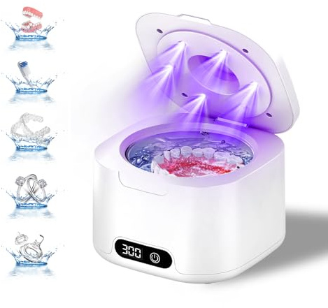 Upgraded Ultrasonic Retainer Cleaner Machine, 49kHz Ultrasonic Denture Cleaner for Mouth Guard, Night Guard, Braces, Aligner, Toothbrush Heads, Jewelry and More, 4 Speed Digital Timer, 340ML Capacity