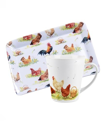 Purely Home Coffee Mug and Tray Set - Farmyard Hens Ceramic Latte Cup & Scatter Tray Drinkware Gift