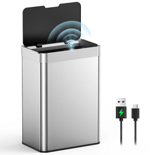 lovewind Poubelle de Cuisine 55L Sans Contact, Capteur Infrarouge Inox, Rechargeable Type-C, Couvercle Silencieux à Fermeture Douce, Sans Main pour Maison Cuisine Bureau, Argenté