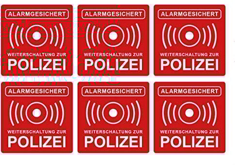 6 Stück Premium Aufkleber Alarmanlage Hinweis Alarmgesichert 5 x 5 cm Weiterschaltung Polizei Witterungs- und UV-Beständig