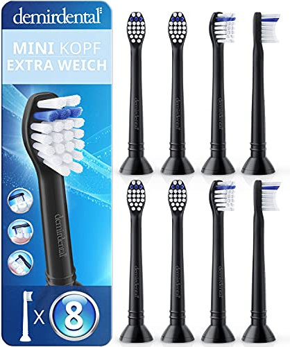 8er demirdental Mini Extra Soft Aufsätze passend für Philips Sonicare Ersatzbürsten, extra weiche und kleine Bürstenköpfe für sehr empfindliche Zähne, Schwarz, entspricht HX6088eb