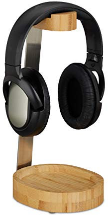 Relaxdays Kopfhörer Ständer, Bambus, Metall, Headset Halterung On & Over Ear Kopfhörer, Ablage, elegantes Design, natur, 29,60 x 12 x 15 cm