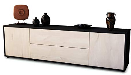 Stil.Zeit TV Schrank Lowboard Tina, Korpus anthrazit matt, Front Holz-Design Zeder (180x49x35cm), mit Push-to-Open Technik & Leichtlaufschienen
