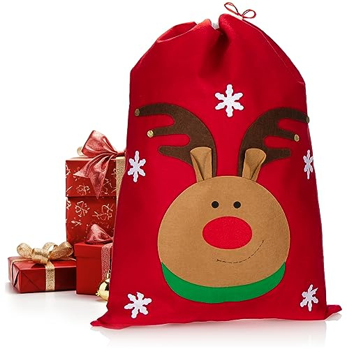 com-four® XL Geschenksack mit Rentier-Motiv, Nikolausbeutel | Weihnachtssack - Gabenbeutel für Weihnachtsmannkostüm und X-Mas-Dekoration