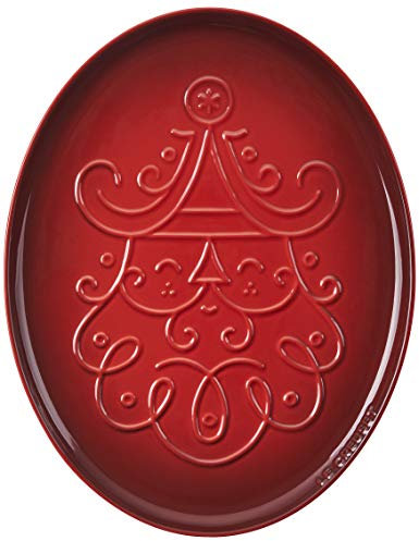 Le Creuset Noel Collection Ovale Plätzchenplatte, Weihnachtsmann, 35,6 cm, Kirschrot mit geprägtem Design