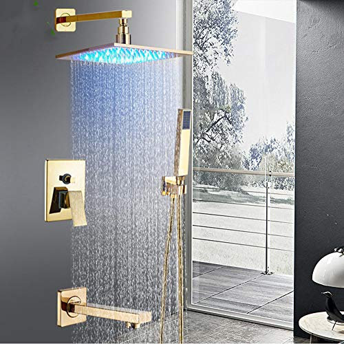 Huin Ensemble de robinet de douche doré à lumière LED mélangeur de douche de bain de pluie à poignée unique avec bec de bain en laiton robinets de douche dissimulés