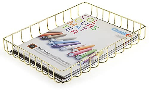 BTSKY Multipurpose A4 File Tray Wire Desk Tray Organizer Elegant Letter Size Desk Documents Tray Magazine Files Storage Basket Organizer Bin for Office Cosmetics Bathroom(Gold)