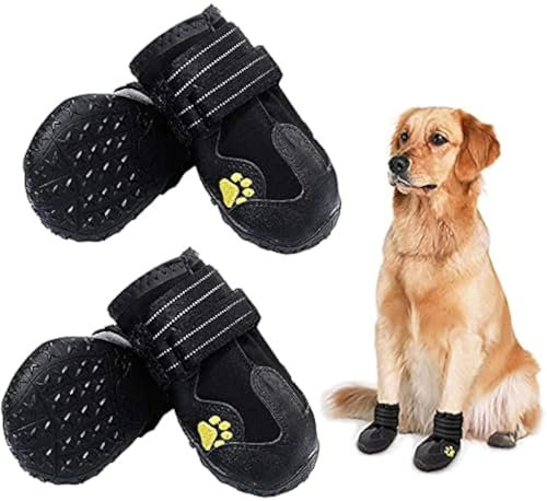 HuaTek Hundestiefel, wasserdichte Hundestiefel,Regenstiefel,Hundeschuhe für mittelgroße bis große Hunde mit Zwei reflektierenden Befestigungsbändern und robuster Rutschfester Sohle(schwarz, 4 Stück)
