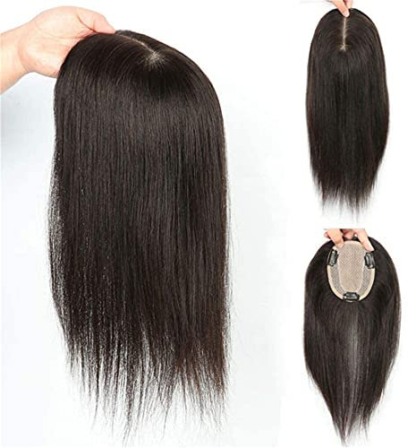 Seidenbasis Glatt Echthaar Crown Topper Haarteil Clip in unsichtbare Haartopper Toupet für Frauen, 12 Schwarz