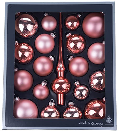 Thüringer Glasdesign Weihnachtskugeln & Christbaumspitze Set 19-TLG | Sortiment Christbaumschmuck Kugeln & Spitze aus Glas | Made in Germany (Shiny Rose | Rosegold rosa)