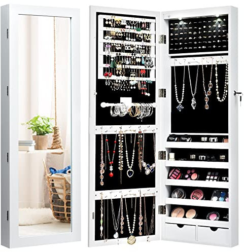 GOPLUS Schmuckschrank mit Ganzkörperspiegel, Schmuckregal mit viel Stauraum, Spiegelschrank für Ketten, Ohrringe und Schminke, verstellbarer Standspiegel, Schminkspiegel, abschließbare Tür (Weiß)