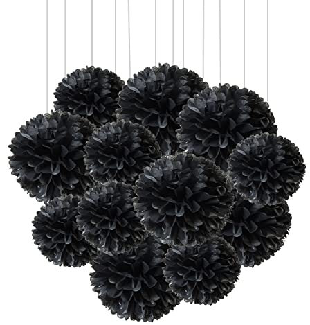 Black Hanging Tissue Paper Pom Poms for Birthday Wedding Decorations（6Pcs 12in & 6Pcs 10in）