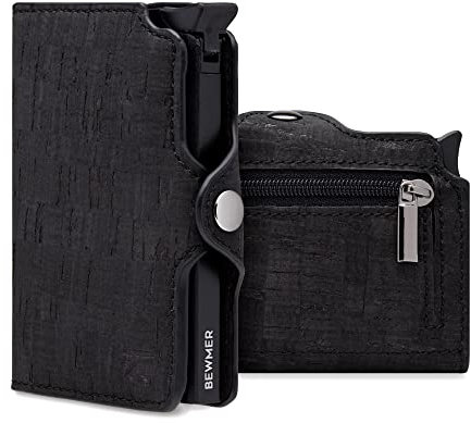 BEWMER Porte-cartes de crédit 1 écran | Portefeuille Slim pour homme et femme | Porte-cartes et documents avec protection RFID et pince à billets en fibre de carbone, Noir liège, Con Zip, Minimalist