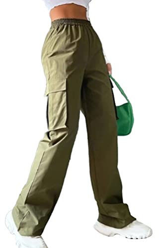 Onsoyours Femme Cargo Pantalon Casual Vintage Multi Poche Baggy Straight Slim Pantalon Taille Haute Trousers Streetwear 01 Armée Verte S