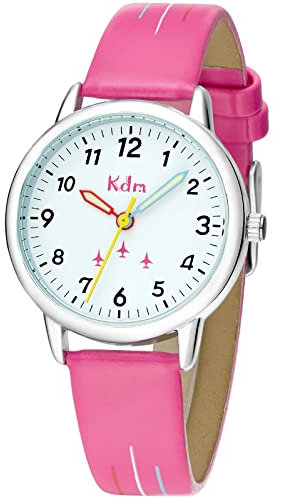 KDM Kinderuhr Mädchen Lernuhr Kinder Armbanduhr Analog Quarz Leder Leuchtend Wasserdicht Uhr Zeit Lehrer, Geschenke für Kinder 3-12 Jahre, Rosa Rot