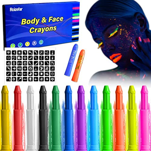 Roizefar Schminkstifte Set 12 Farben, 6 Normal + 6 Neon UV Paint Stick / Gesicht & Körper CrayonGesichtsfarben, Sicher und Ungiftig, Abwaschbare Kinderschminke Set, für Geburtstagsfeie, Halloween