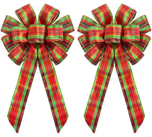 Whaline 2 Stück Weihnachtskranz Schleife Glitzer Rot Grün Plaid Juteschleife Weihnachtsbaumspitze Ornamente Geschenk Schleife für Weihnachten Indoor Outdoor Festliche tägliche Heimdekoration