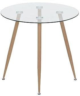 MOG CASA Mesa de Comedor Fija Redonda Corin | 80 x 80 x 75 cm | Ideal para Cocina o Salón | Ideal para 2 a 4 Personas | Tablero de Cristal Transparente | Patas Metálicas en Imitación Madera