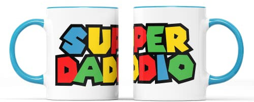 SMARTYPANTS Super Daddio Mug Tea Coffee Cup - Birthday Father's Day Dad Daddy Father Classic Retro Video Game Gamer Plumber Mushroom Kart Bomb Kitchen Dishes Decor (Blue Handle)