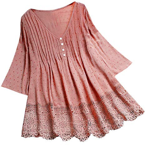 Chemisier Femme Dentelle Chic Sexy Chemise en Coton Lin à Manche 3/4 Décontracté Blouse Ample à Col V Tunique Printemps Eté Top Hauts Couleur Unie Lâche Respirant T-Shirts