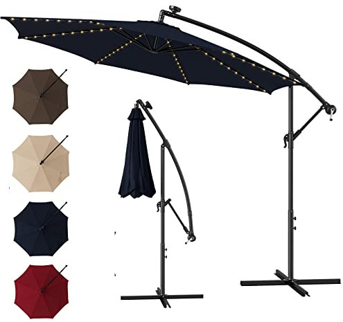 RELAX4LIFE Parasol Déporté Inclinable 3x3M, Parasol de Jardin Extérieur avec Hauteur Réglable,8 Baleines, 112 LED,Manivelle, Base en Croix, Parasol Inclinable pour Balcon Piscine (Beige) (Bleu)