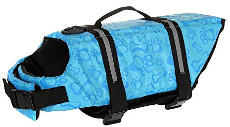 FANSU Giubbotto Salvagente per Cani con Manico, Regolabile Giubbotti di Salvataggio per Animali Domestici per Cani di Taglia Piccola, Media e Grande per Nuoto, Canottaggio (XXL,Impronte Blu)