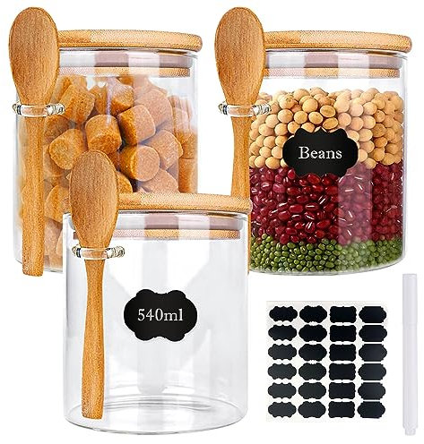 Juego De 3 Tarros De Cristal Con Tapa Bambú, Tarros De Almacenamiento Con Etiqueta Y Cuchara, Tarros De Vidrio Cocina Almacenaje Botes Cristal Especias Frascos De Vidrio Para Cereales Granos Pasta