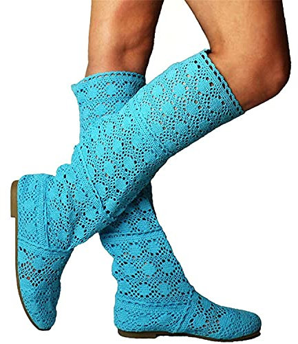 ORANDESIGNE Donna Ricamo Stivali Estive Traspirante Stivali Elegante Sandali Tinta Unita Stivali Piatti Testa Rotonda Stivali Alti Stivali da Cavaliere A Blu 37 EU