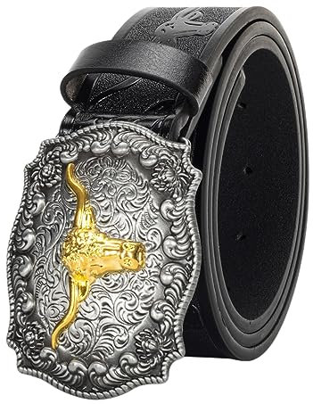 KorhLeoh Western-Ledergürtel mit Cowboy-Schnalle für Herren und Damen, Jeans, mit Blumengravur, Longhorn-Bull-Texas-Schnalle (69–104cm Taillenumfang)