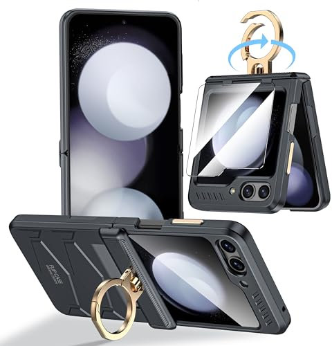 Vizvera for Samsung Galaxy Z Flip 5 Case with Hinge Protection, Bulitin Outer Screen Protector, Ring, Kickstand Military Grade Phone Case Protective Silicone Z Flip 5 Cover Shockproof 2023-Black