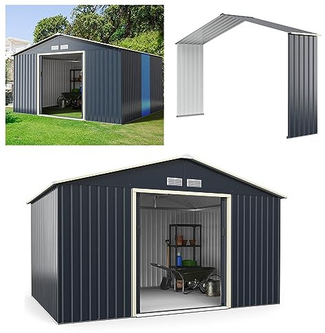 COSTWAY Gerätehaus Metall, Erweitert-340 x 319 x 210 cm, Geräteschuppen abschließbar mit 4 Luftschlitzen & Schiebetür, Garten Schuppen für Rasenmäher Fahrräder, Metallschuppen Gartenhaus Outdoor