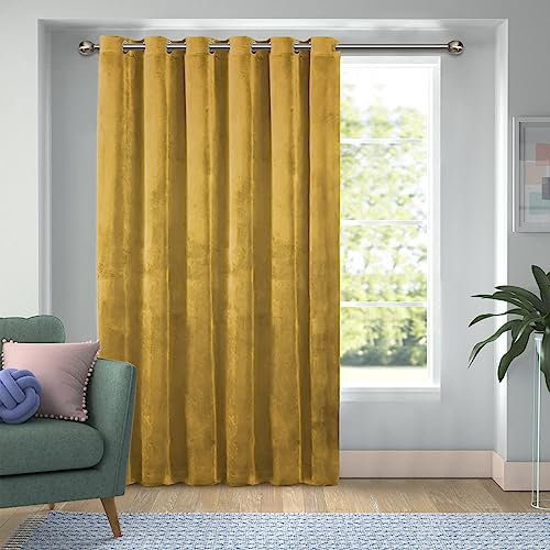 Hafaa Door Curtain for Bedroom – 66x84 Ochre Thermal Insulated Crushed Velvet Curtains for Living Room – Single Panel Eyelet Curtain with Matching Tie Back Blackout Curtain