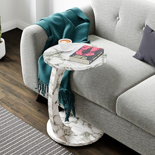 [en.casa] Side table Holeby Coffee table on castors C-shape Living room rolling round top 56 x Ø 38 cm Marble-look cream white