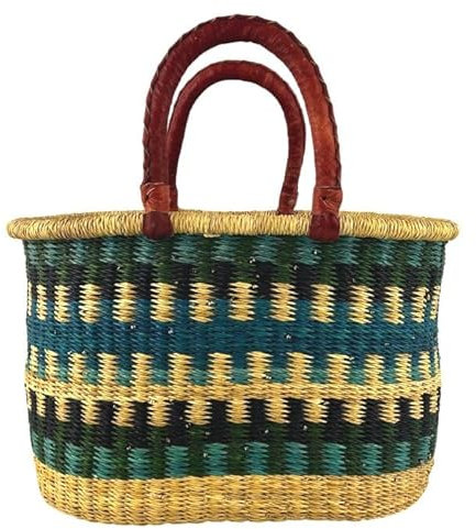 Bolga Korb Afrika - Das Original aus Ghana - Bunt - Fair Trade - Oval - Viele Farben - Afrikanischer Graskorb mit Ledergriff - Flechtkorb 30-40 cm - Ovaler Korb mit Wunschdesign (Madina)