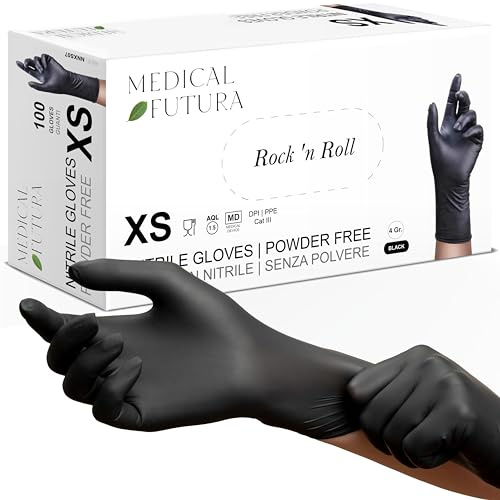 MEDICAL FUTURA Guanti Nitrile XS Neri Monouso (100 Unità) | Guanti Monouso Anallergici Gr. 4.0 Senza Polvere e Lattice per Estetisti, Tatuatori, Officine, Ambiti Medici e Alimenti