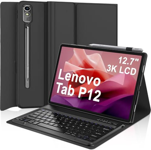 IVEOPPE Lenovo Tab P12 12.7 Teclado Español - Funda Teclado Bluetooth Magnético Desmontable para Tablet Lenovo Tab P12 2023 12.7 Pulgadas TB370FU, Negro