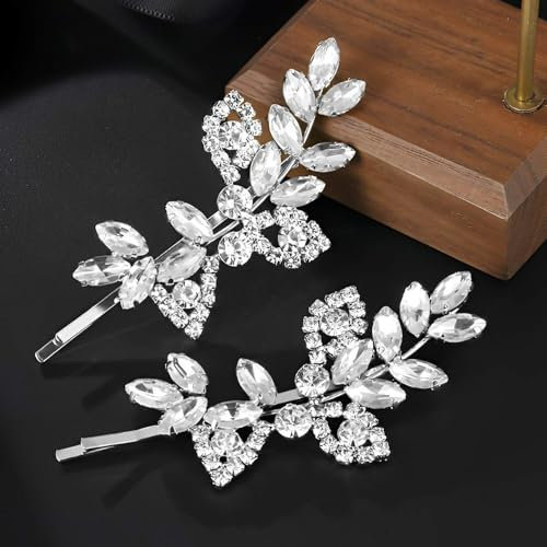 TANCUDER 2 PCS Pinces à Cheveux Mariage, Pince Argenté Cheveux Mariage Pince Coiffure Mariage Pince a Cheveux Feuille Pinces à Cheveux Strass Pince à Cheveux Bijoux pour Fêtes, Anniversaires, Soirées